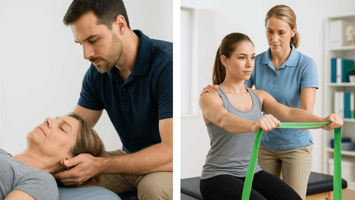 Side-by-side scenes in a physical therapy clinic: on the left, a male therapist gently performs a manual neck treatment on a relaxed middle-aged woman; on the right, a younger woman performs a resistance band exercise under the guidance of a female therapist, all in a well-lit, clinical setting.