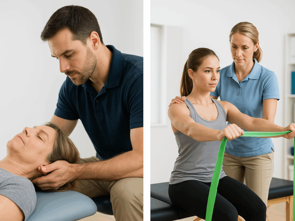 Side-by-side scenes in a physical therapy clinic: on the left, a male therapist gently performs a manual neck treatment on a relaxed middle-aged woman; on the right, a younger woman performs a resistance band exercise under the guidance of a female therapist, all in a well-lit, clinical setting.