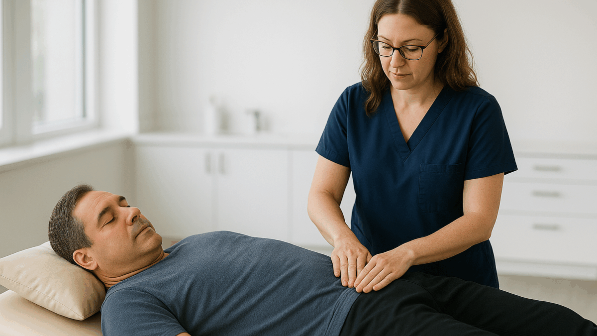 A healthcare professional performing gentle abdominal palpation on a relaxed patient lying comfortably on a treatment table in a bright, modern clinical setting.