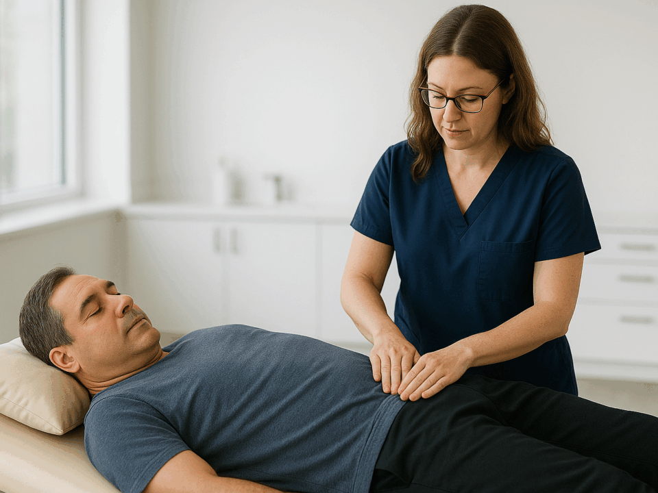 A healthcare professional performing gentle abdominal palpation on a relaxed patient lying comfortably on a treatment table in a bright, modern clinical setting.