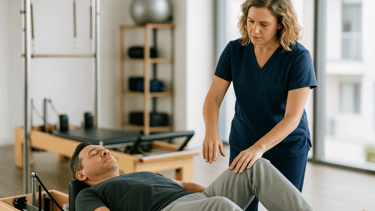 A middle-aged person in comfortable athletic wear performing a gentle Pilates exercise on a reformer machine in a bright, professional physical therapy clinic. A licensed therapist stands nearby providing hands-on guidance and correction.