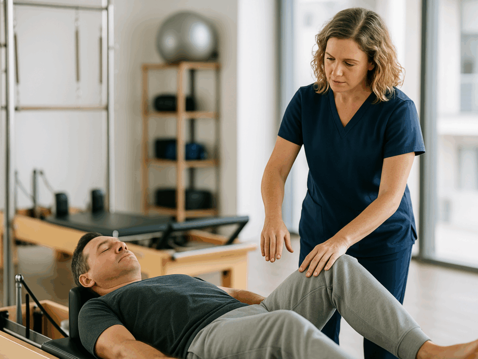 A middle-aged person in comfortable athletic wear performing a gentle Pilates exercise on a reformer machine in a bright, professional physical therapy clinic. A licensed therapist stands nearby providing hands-on guidance and correction.