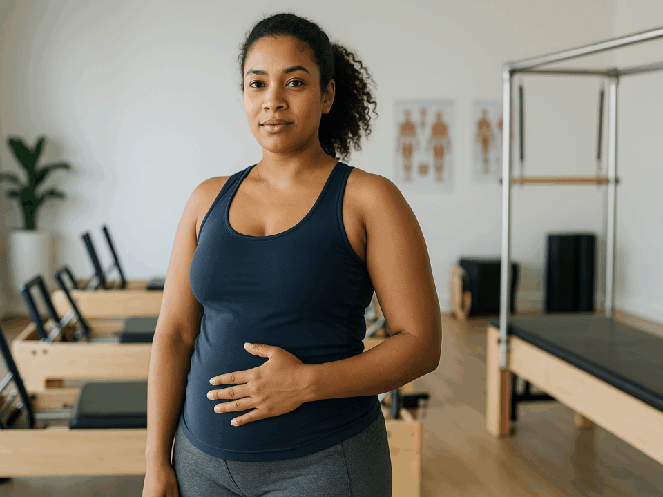 ostpartum mother in athletic wear at a Vista physical therapy studio with Pilates equipment, standing confidently with hand on abdomen