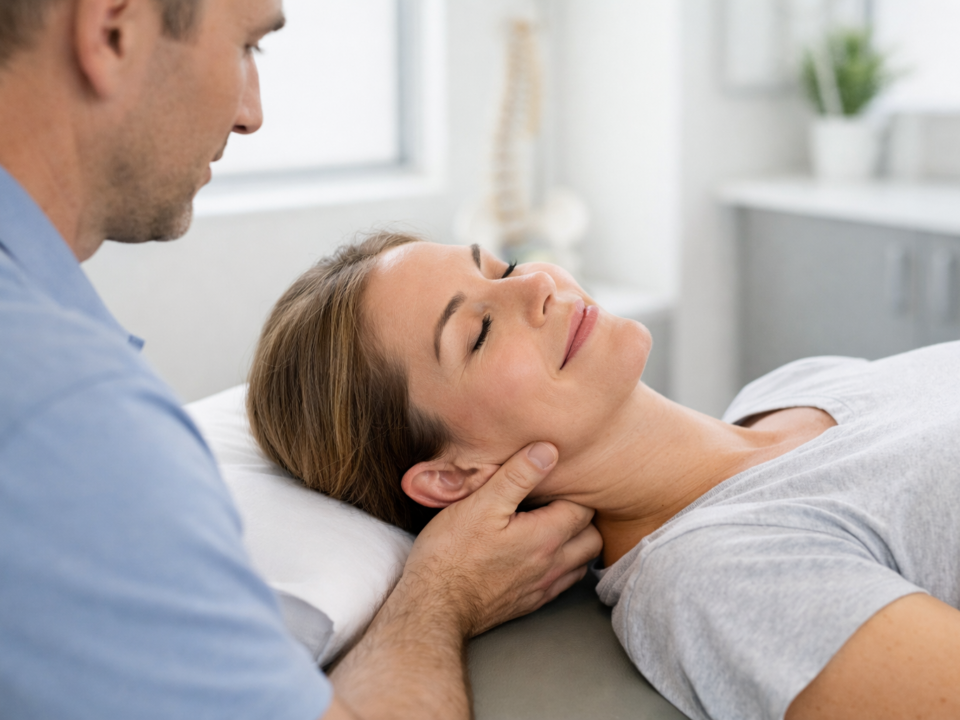 Person experiencing relief from headache pain during gentle neck treatment by physical therapist in bright, modern clinical setting. Therapist providing precise manual therapy to cervical spine area. Patient appears comfortable and relaxed