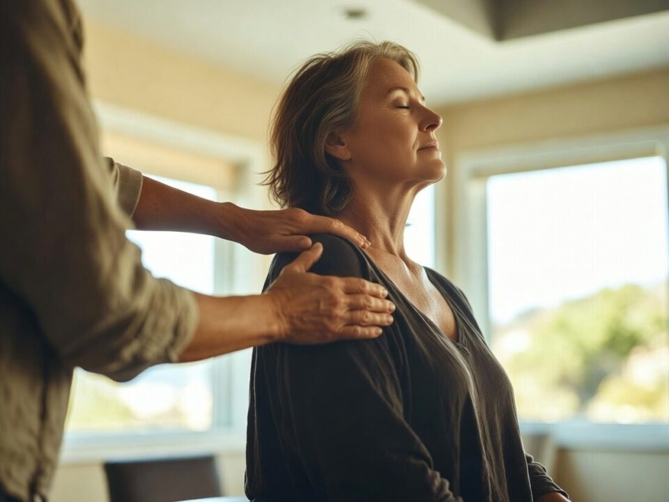 A middle-aged woman in a bright physical therapy clinic receiving gentle hands-on shoulder treatment from a therapist. Natural lighting, warm tones, relaxed expression showing relief. Casual California coastal style. Photorealistic, editorial photography style.